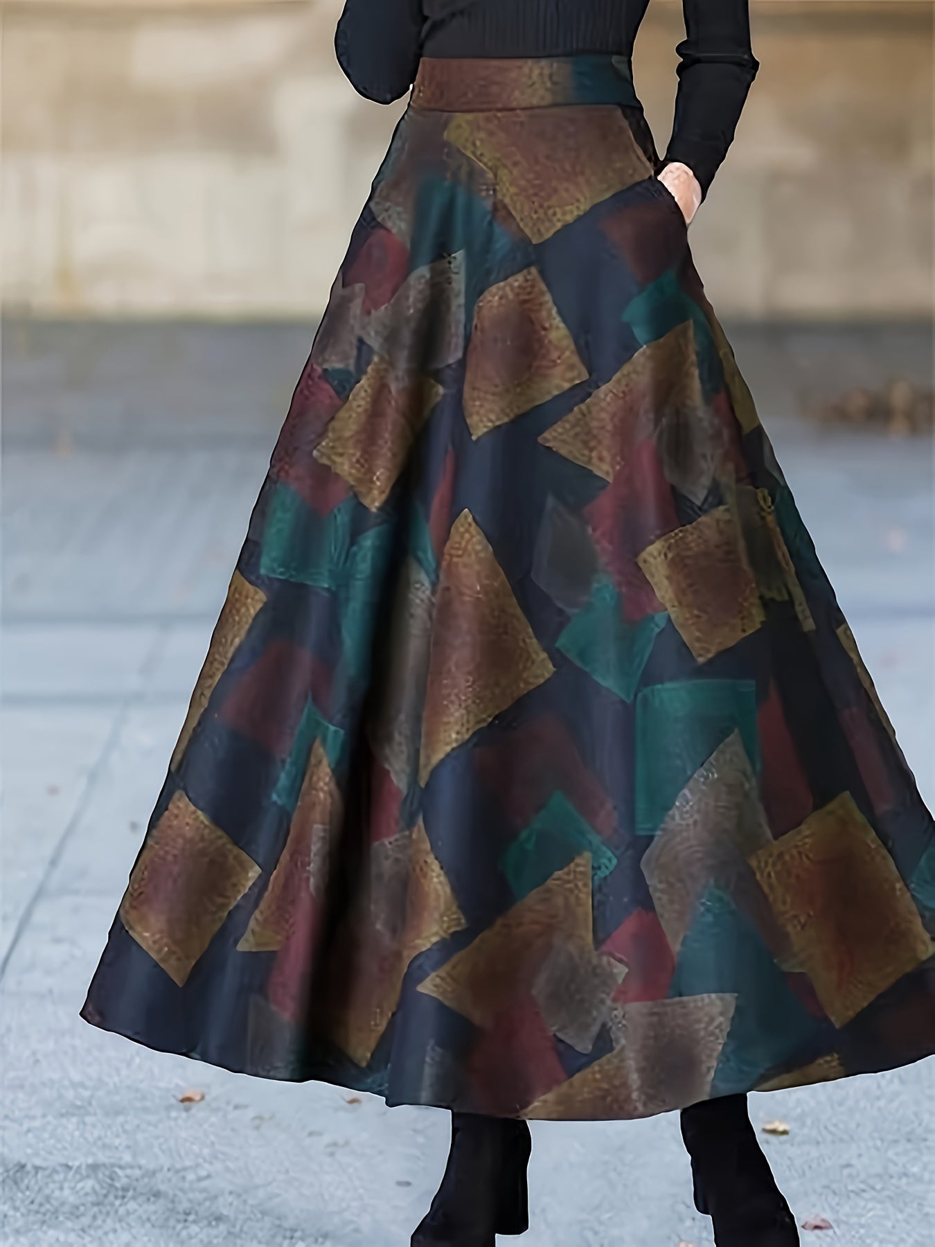 Women's Plus Distressed Geometric Print High Rise Maxi Skirt
