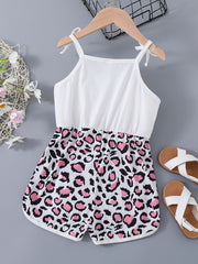 Girls Patchwork Cami Romper Bow Heart Leopard Print Jumpsuit