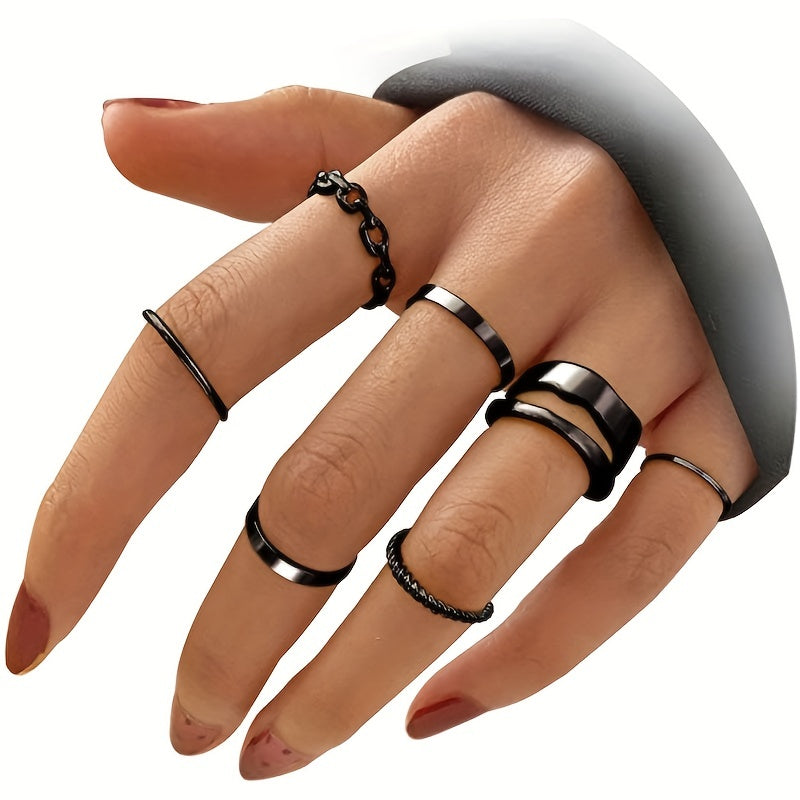 Dark Style Chain Shape Wide & Thin Ring Stackable Jewelry