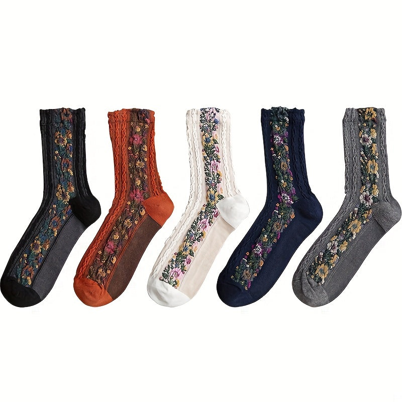 Floral Print Socks Retro Court Style Mid Tube Women's Stockings