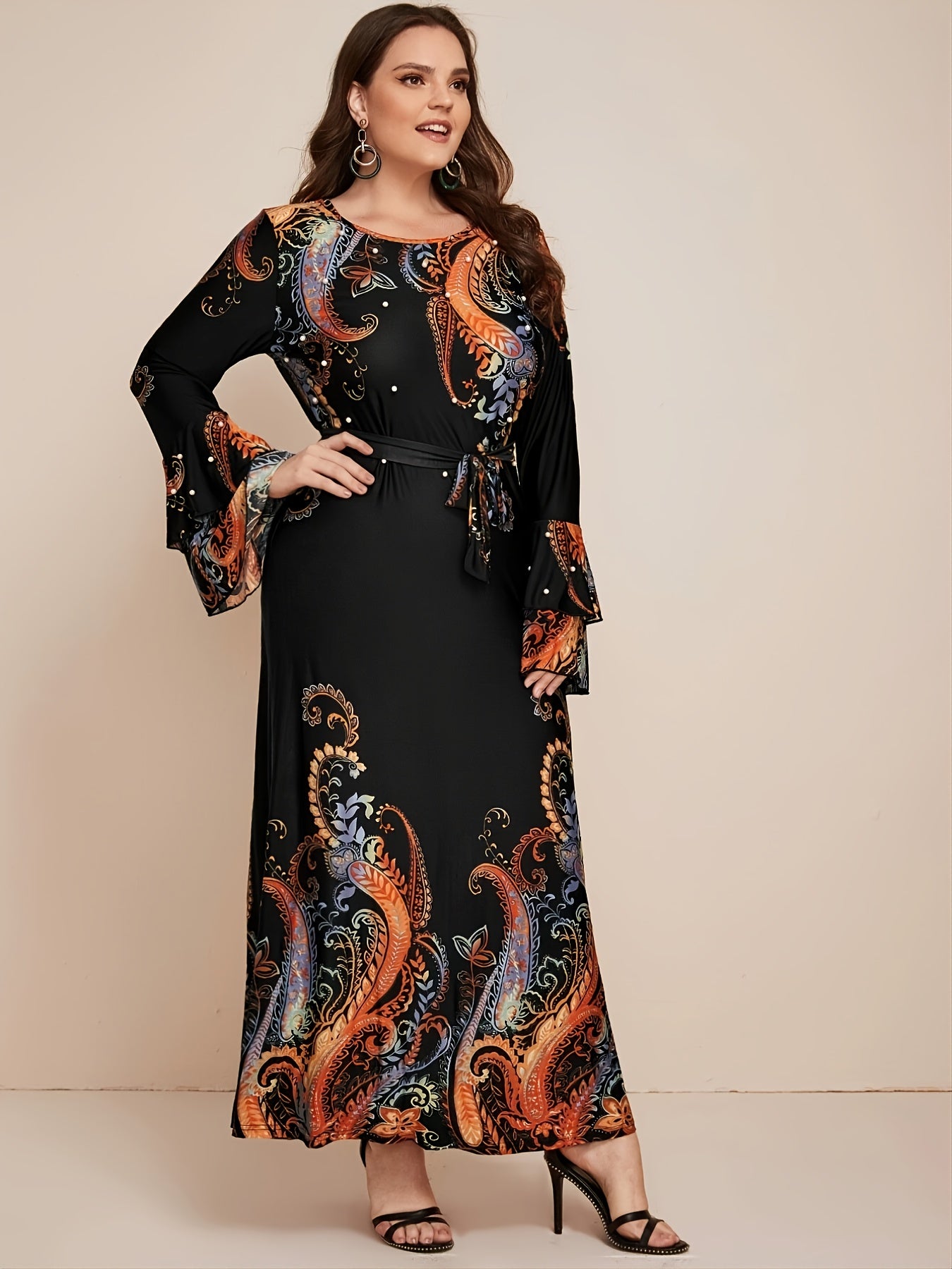 Floral Beaded Pearl Bell Sleeve Maxi Dress Plus Medium