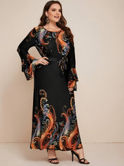 Floral Beaded Pearl Bell Sleeve Maxi Dress Plus Medium