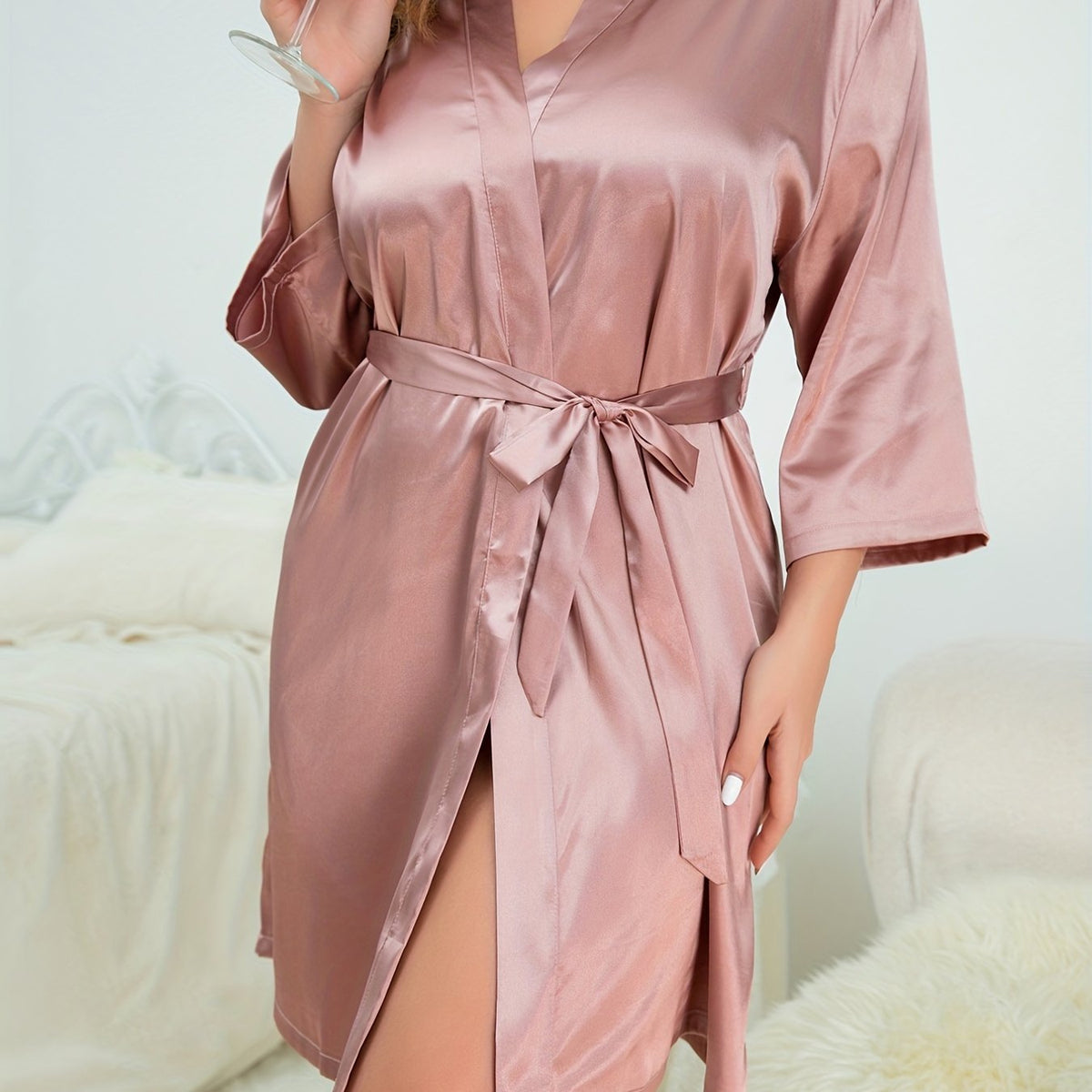  Satin Long Sleeve Open Front Sleepwear Robe