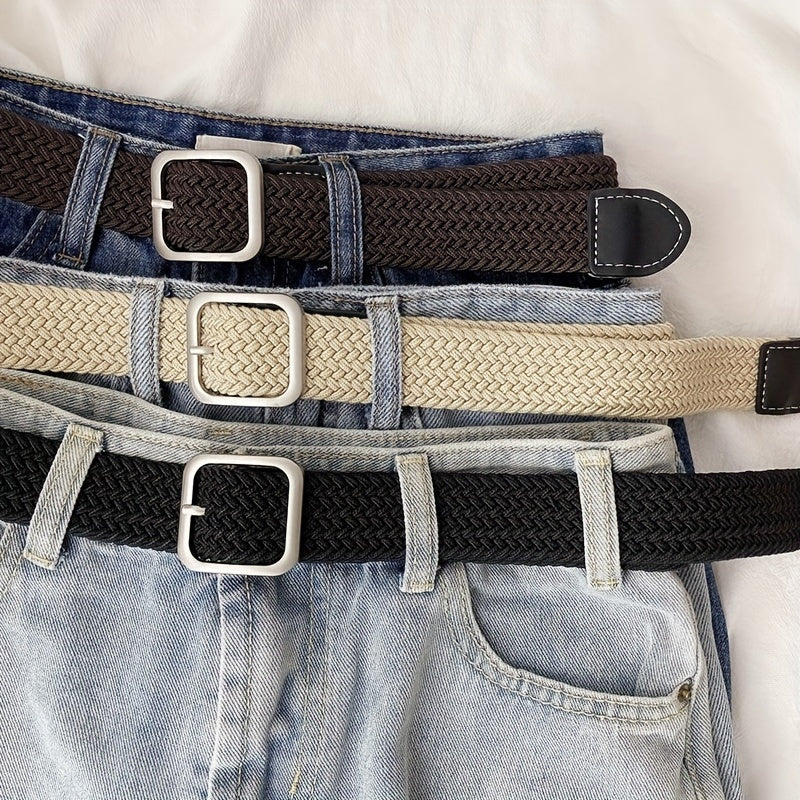 Elastic Woven Canvas Belt Men Women Casual Square Buckle