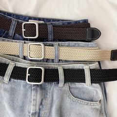 Elastic Woven Canvas Belt Men Women Casual Square Buckle