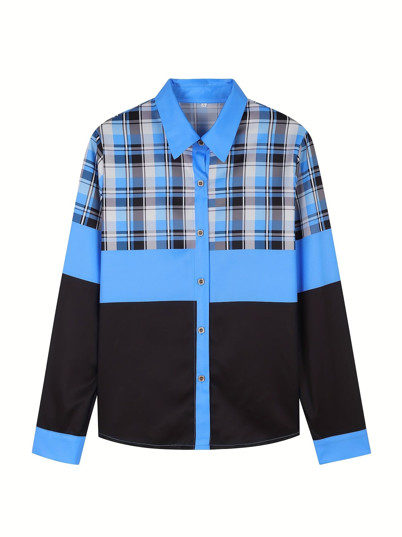  Colorblock Plaid Print Button Up Collar Shirt