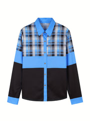  Colorblock Plaid Print Button Up Collar Shirt