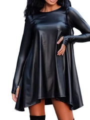  Solid Faux Leather Long Sleeve Mini Dress
