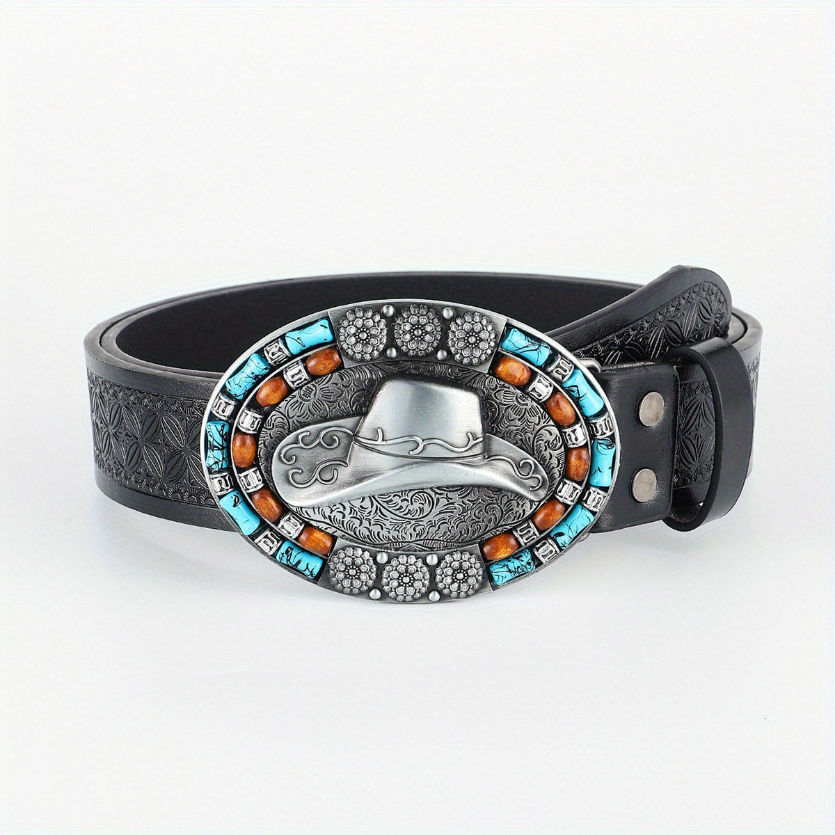 Western Cowboy Vintage Belt Embossed Leather Belt Bohemian Style Hat Buckle