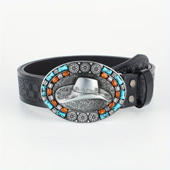 Western Cowboy Vintage Belt Embossed Leather Belt Bohemian Style Hat Buckle
