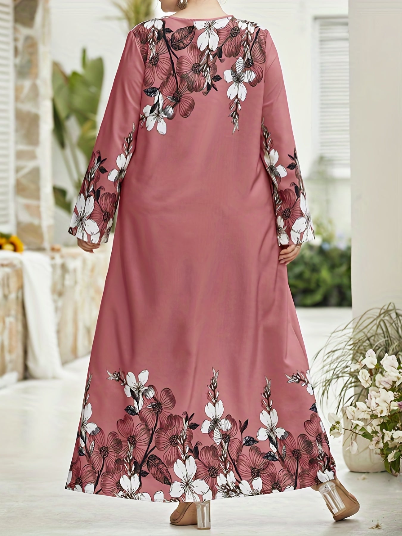  Floral Print Long Sleeve Maxi Abaya Dress for Women