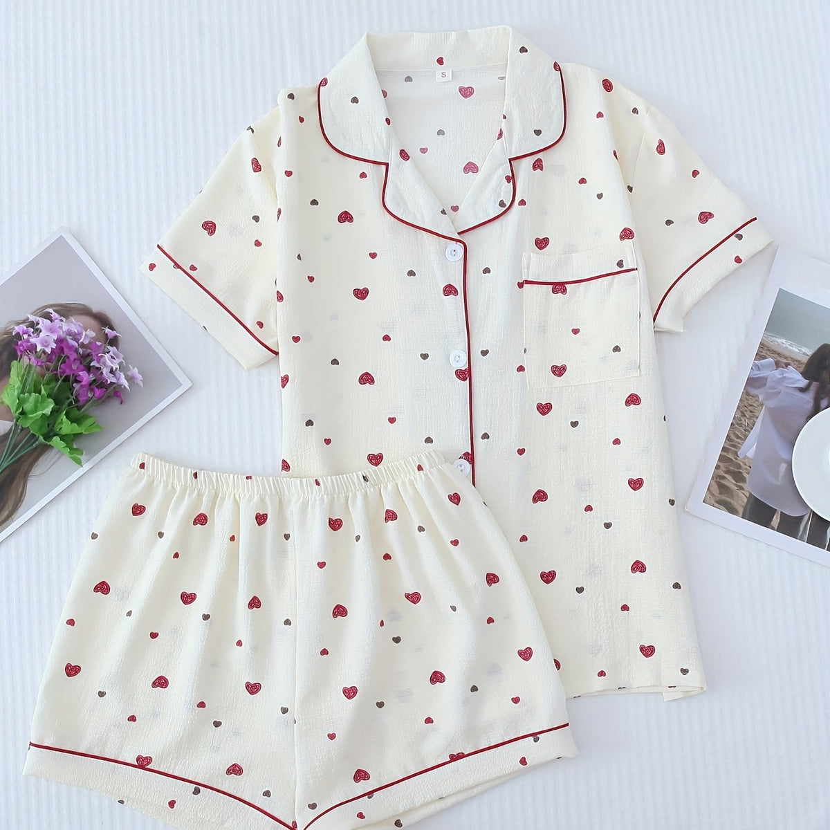 Heart Print Pajamas Set Short Sleeve Buttons Top & Shorts