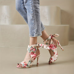 Floral Print Peep Toe Lace Up Stiletto Heels Sandals