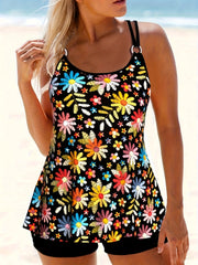  Floral Tankini Set Women's Round Neck Cami Top & Shorts Swimsuit