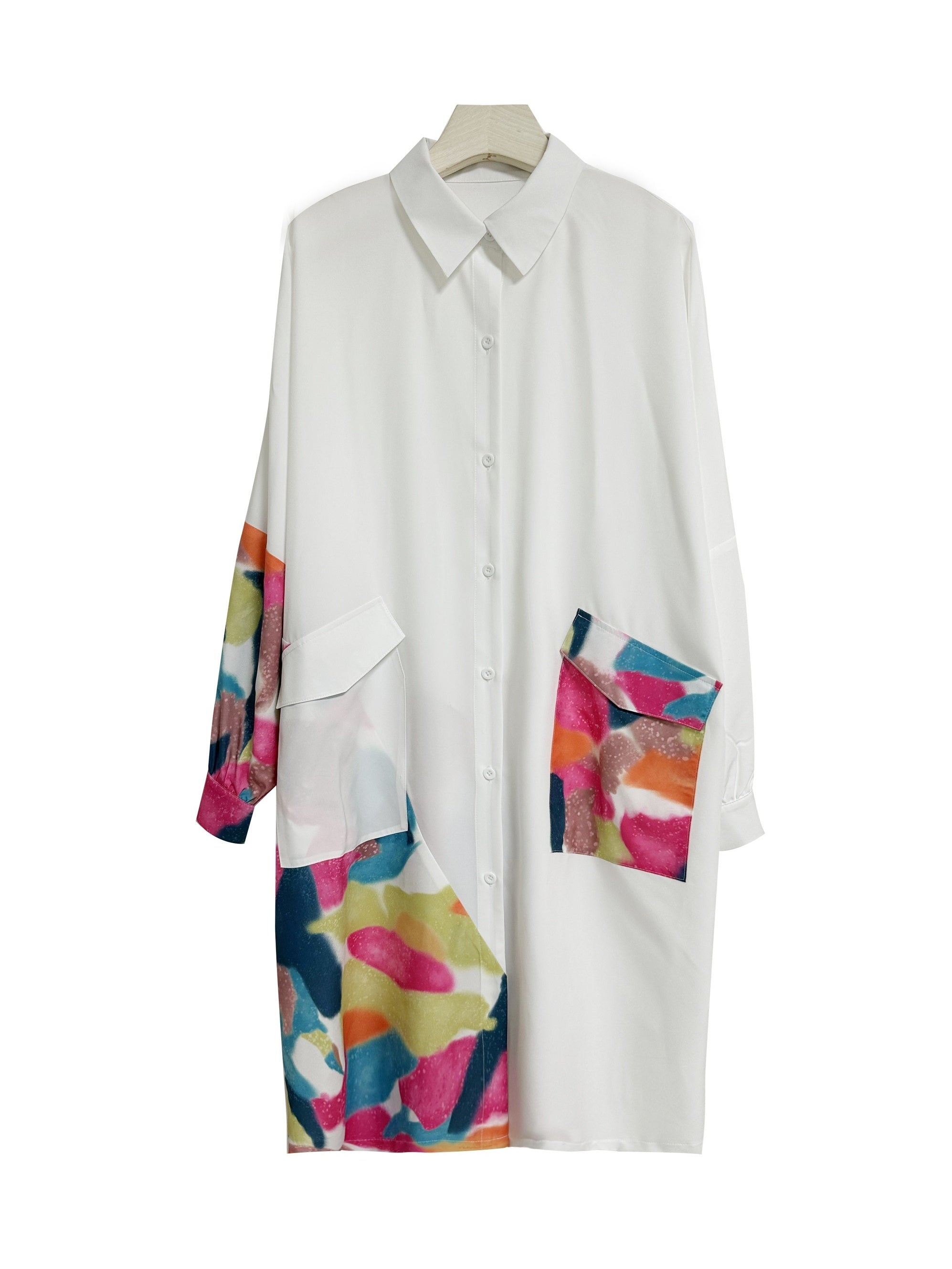 Colorblock Button Up Long Sleeve Shirt Dress