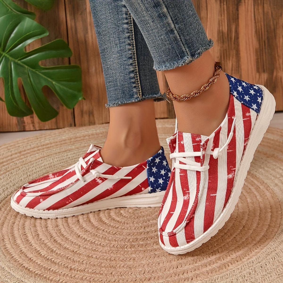Women's Stars & Striped Pattern Canvas Shoes Casual Lace Up Flat Loafers