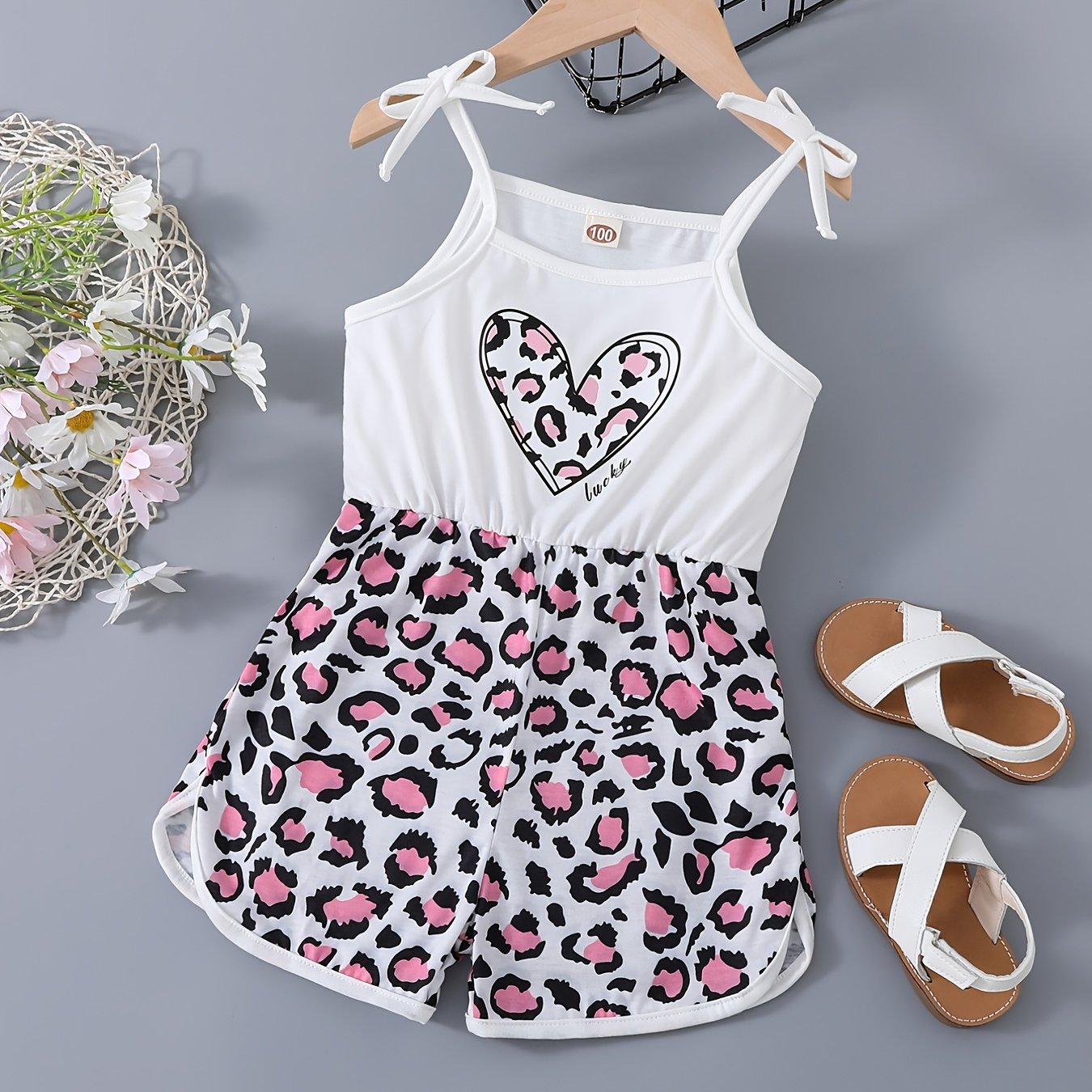 Girls Patchwork Cami Romper Bow Heart Leopard Print Jumpsuit
