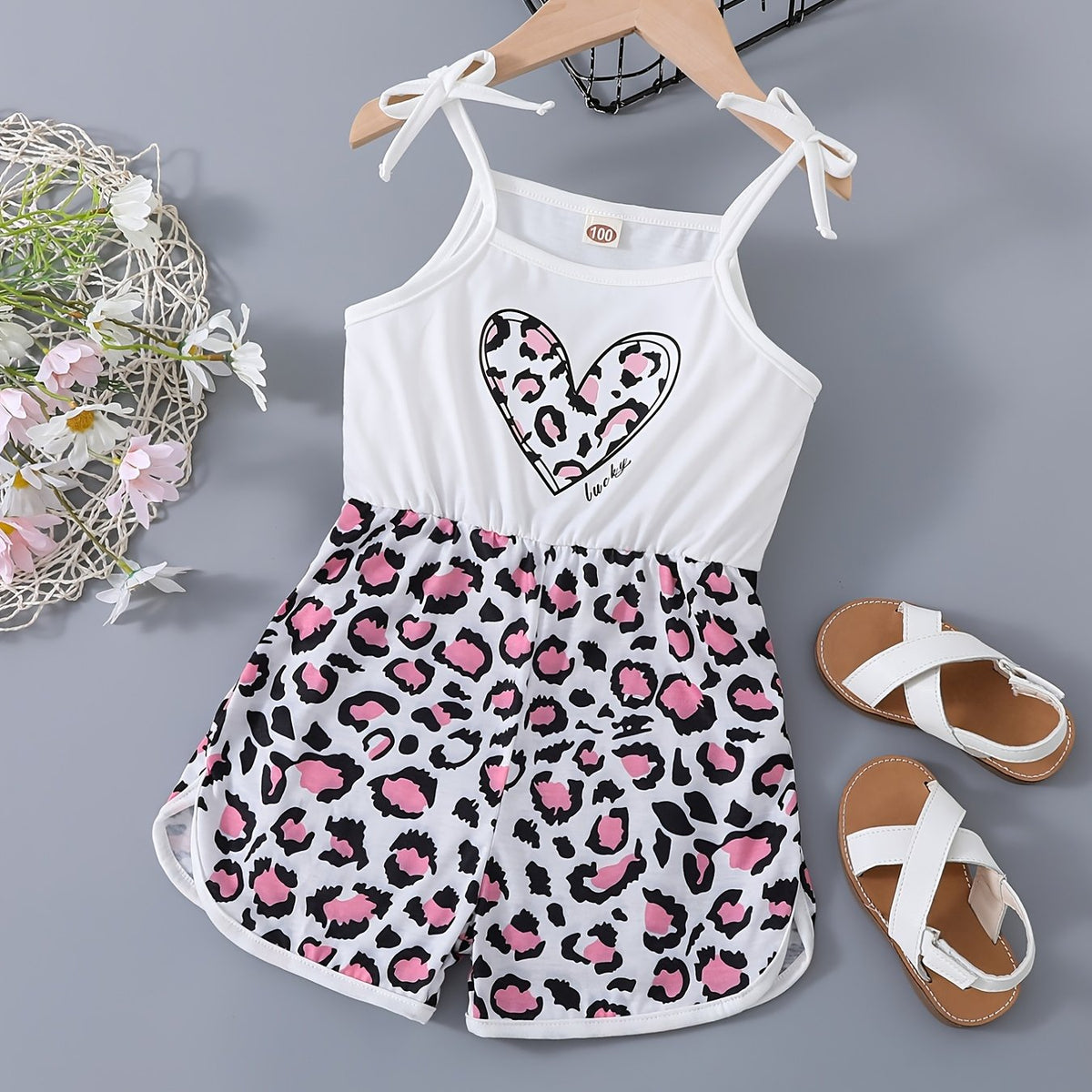 Girls Patchwork Cami Romper Bow Heart Leopard Print Jumpsuit
