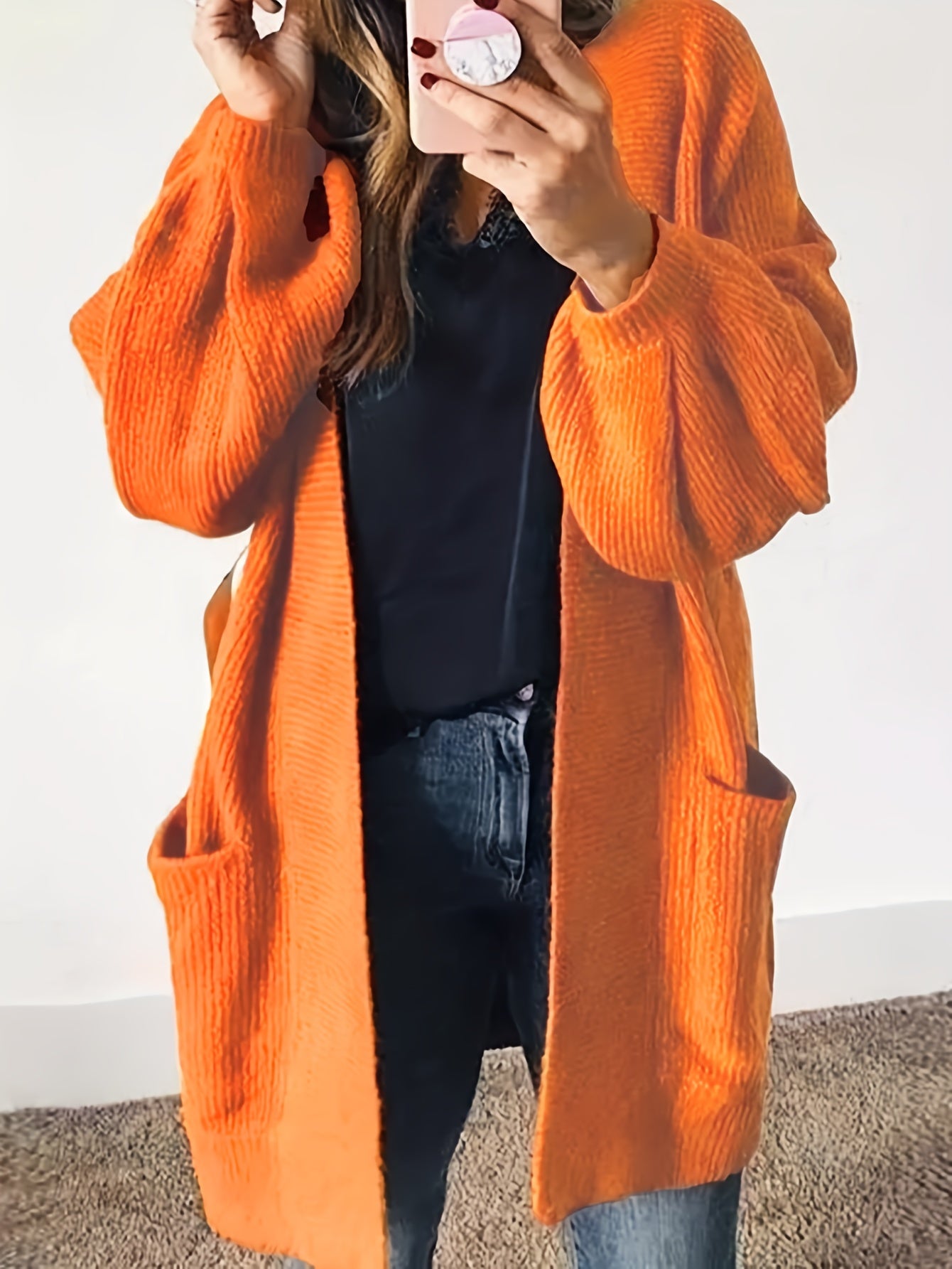  Solid Lantern Sleeve Open Front Cardigan With Pockets