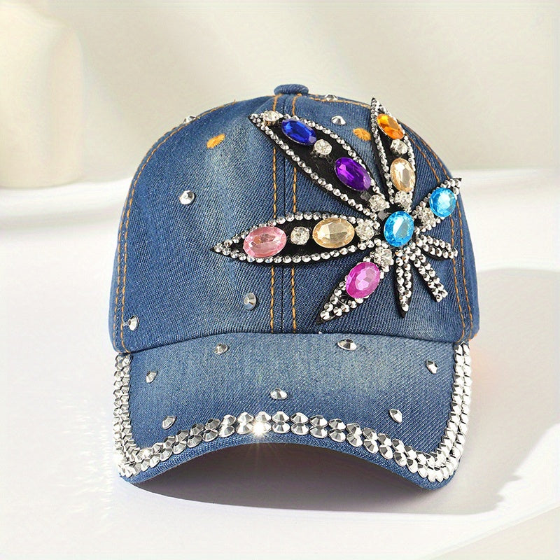 Rhinestone Leaf Patch Baseball Cap Y2K Denim Sports Hat
