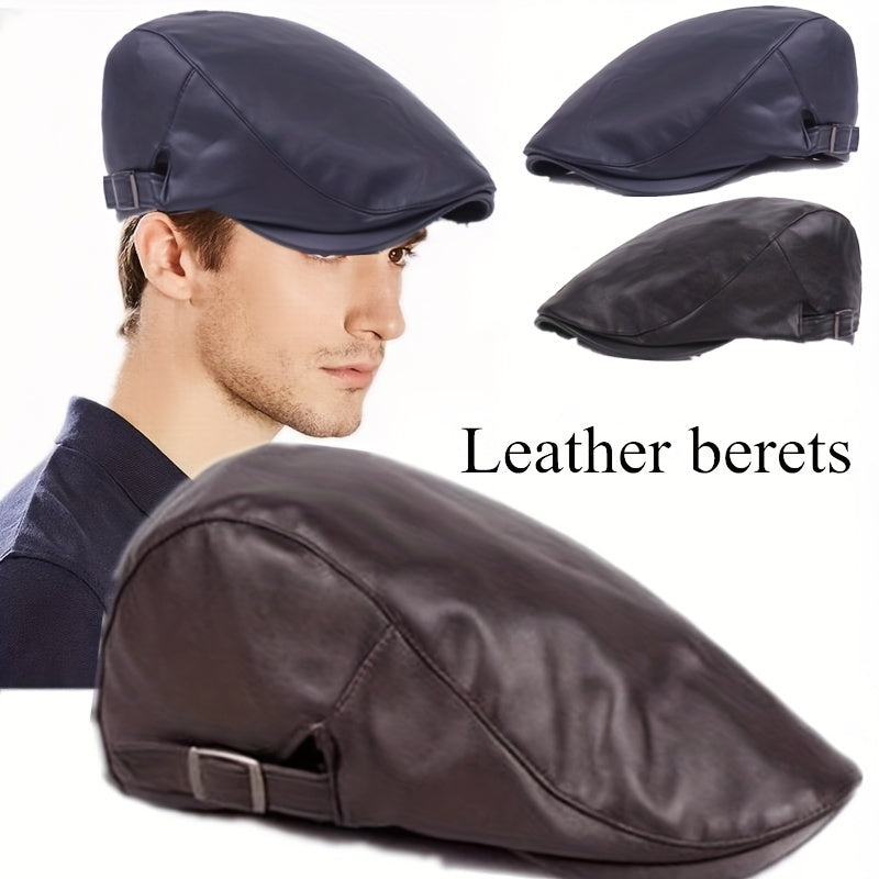 Retro PU Leather Adjustable Beret Duckbill Cap Solid Sun Hats Unisex