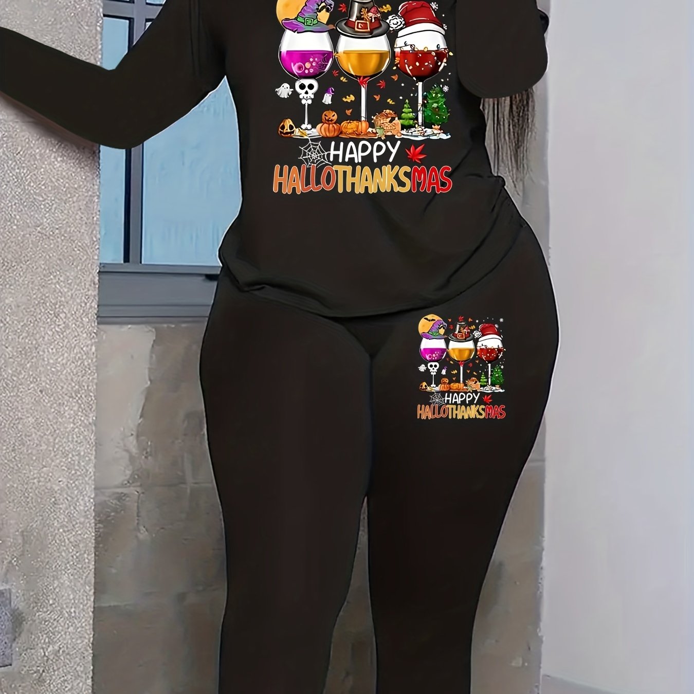  Funny Wine Glasses Print Top & Leggings Set