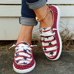 Polka Dot & American Flag Boat Shoes Lace Up Walking Shoes Round Toe Sneakers