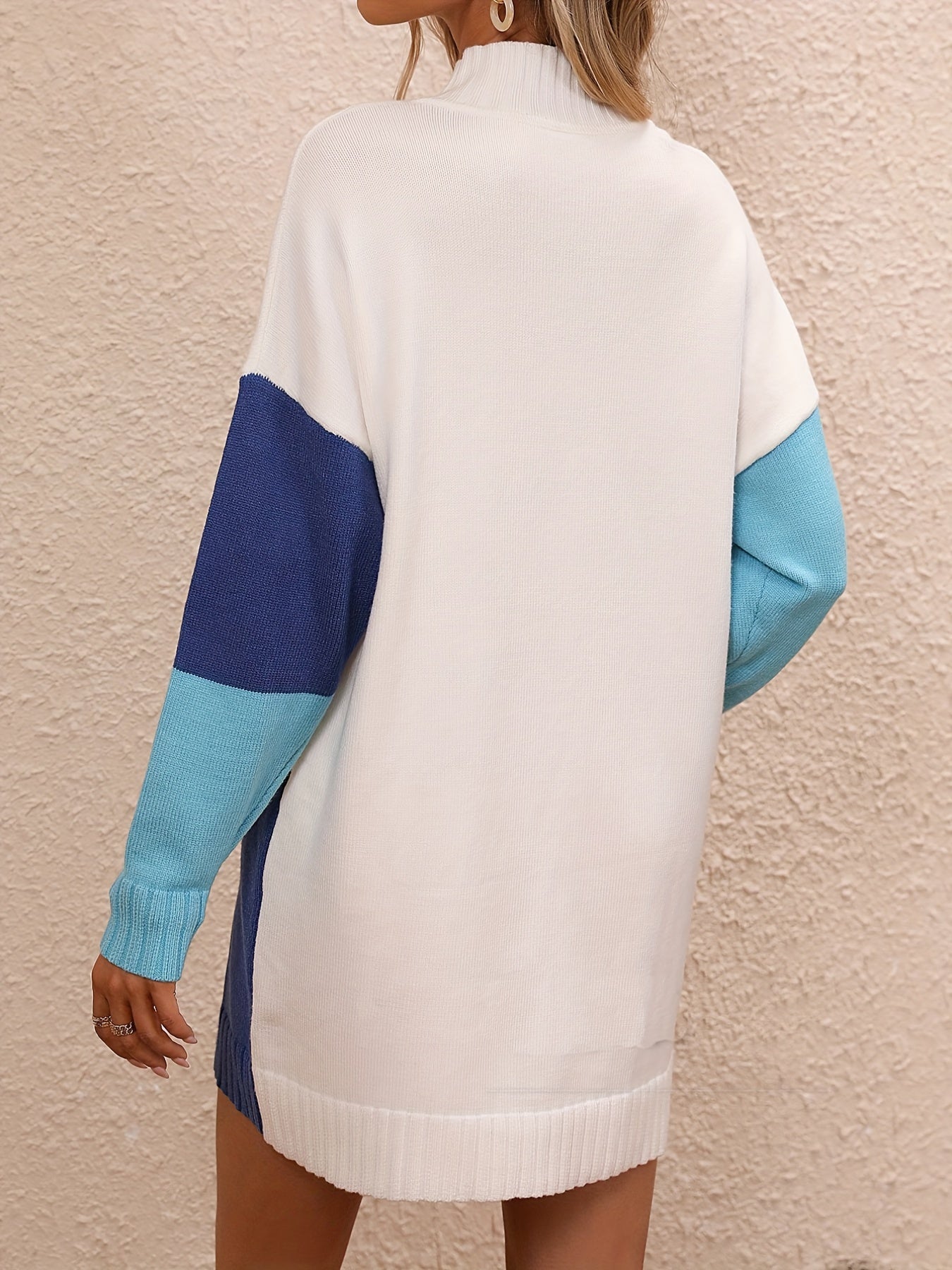  Colorblock Long Sleeve High Neck Sweater Dress