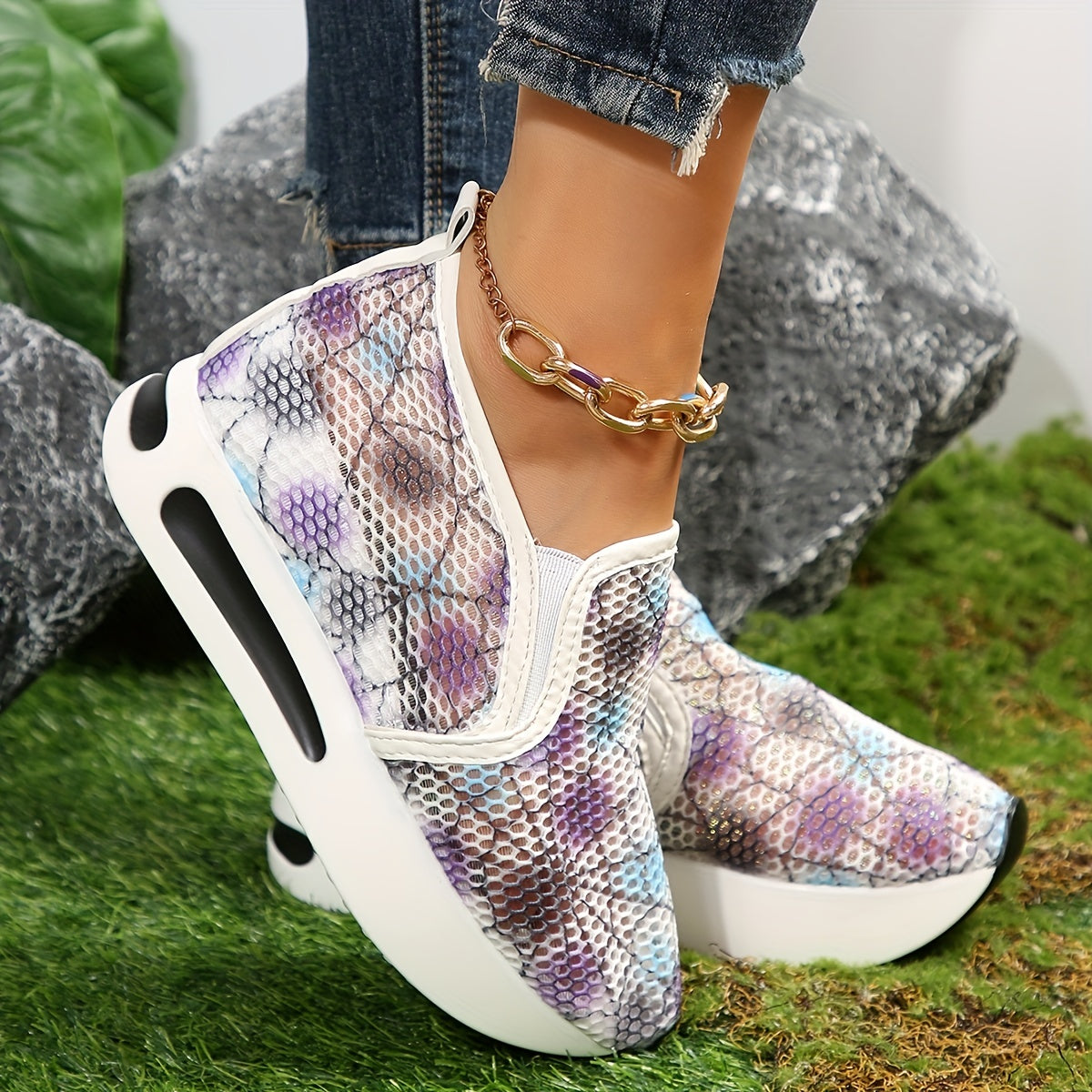 Women's Lace Wedge Shoes Slip On Loafers With Hidden Heel
