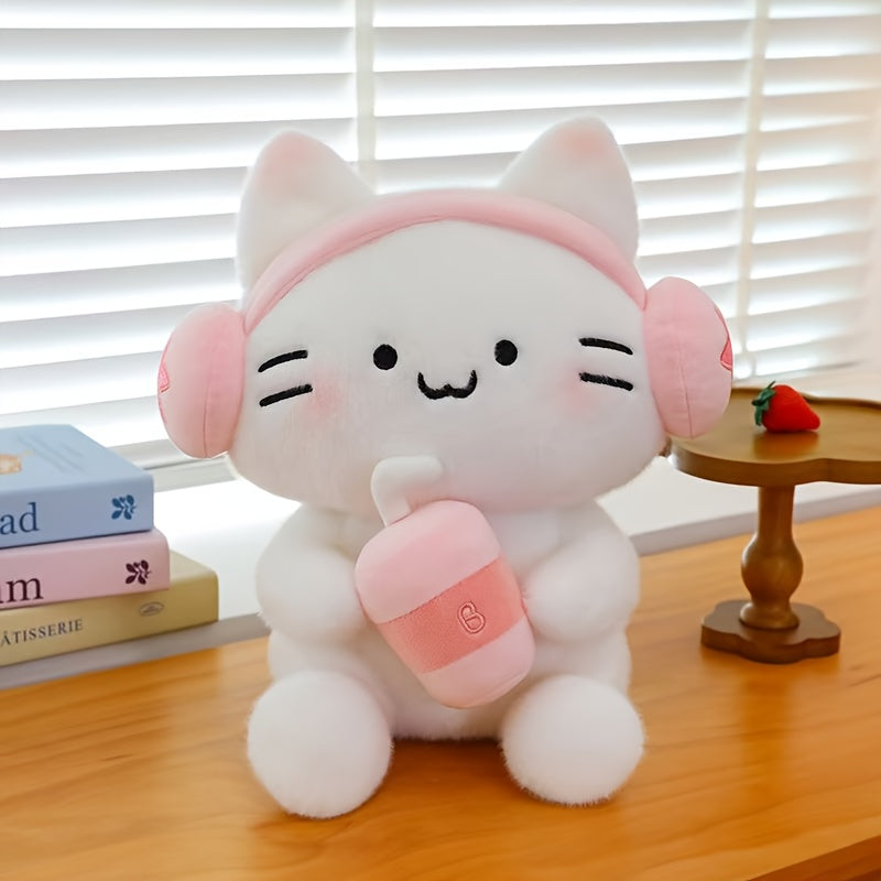9.84in Cat Plush with Headphones Holding Drink Cup for Parties & Birthday