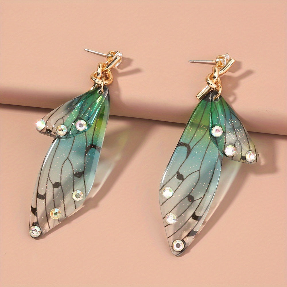 Resin Butterfly Wings Dangle Earrings with Rhinestone Decor