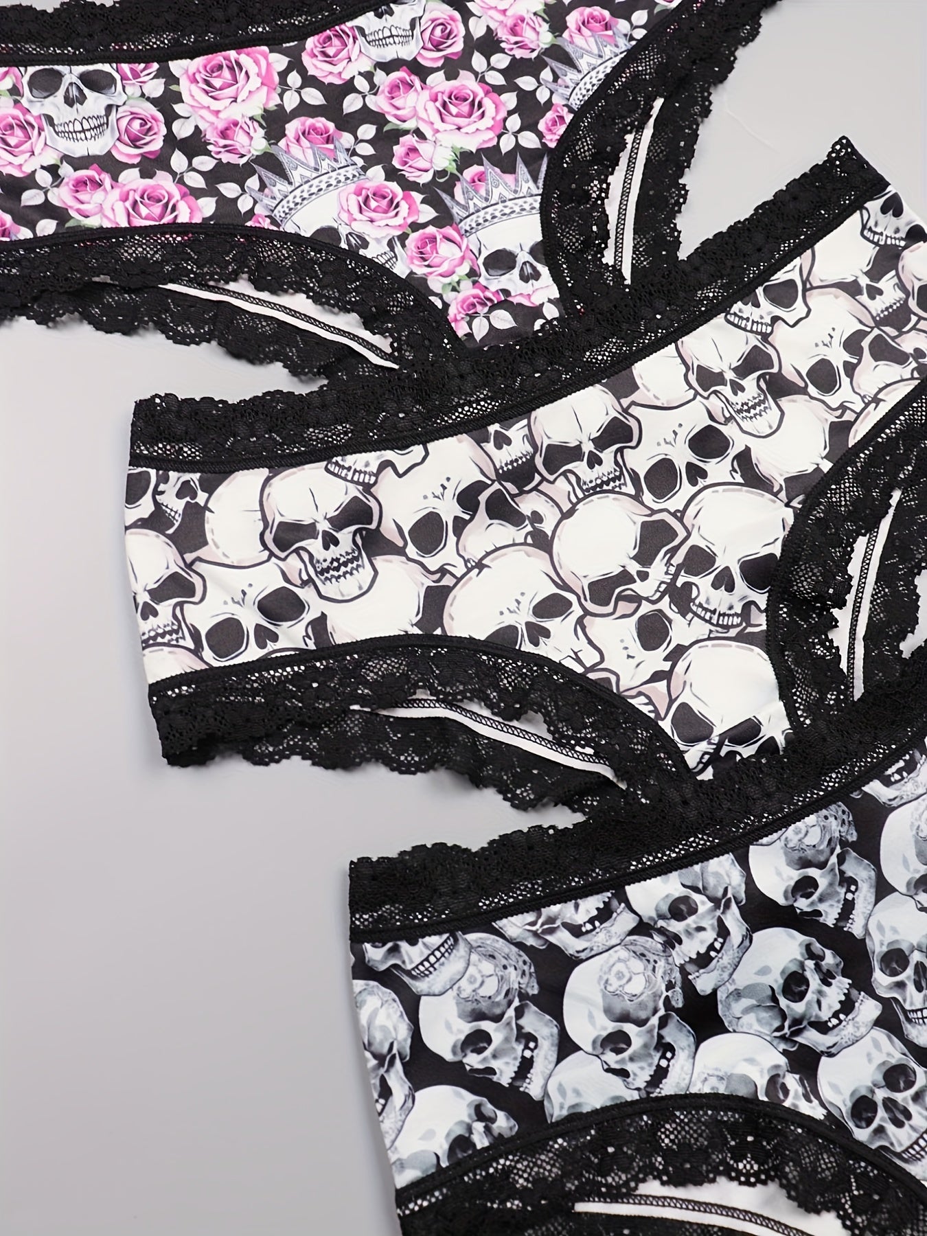 3 Pack Plus Size Gothic Skull & Rose Print Lace Trim Panties Set