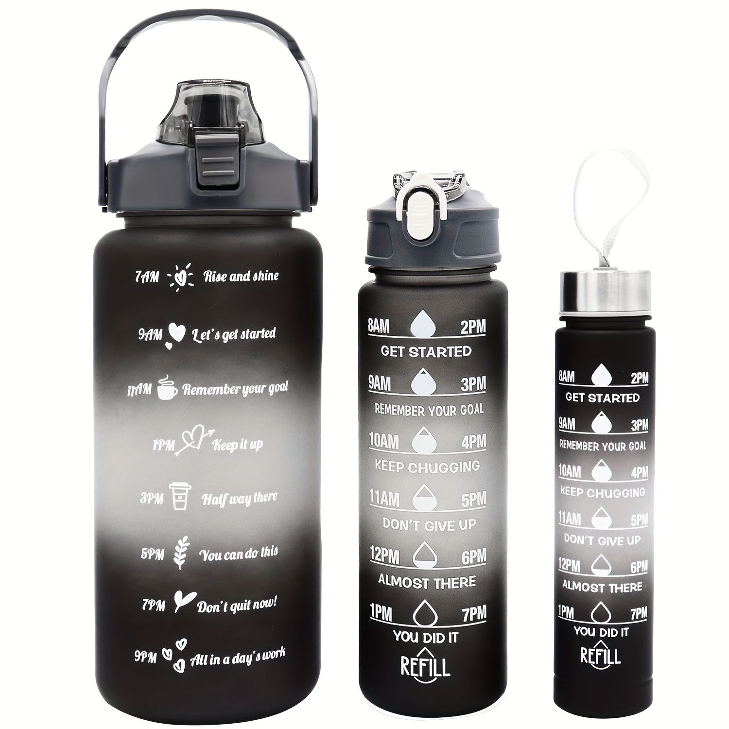Gradient Water Bottle Set with Time Marker Leakproof Sports Cup 9oz 32oz 64oz