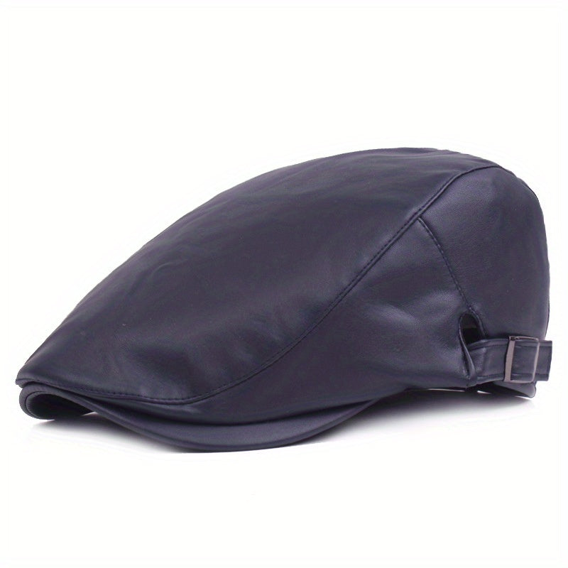 Retro PU Leather Adjustable Beret Duckbill Cap Solid Sun Hats Unisex