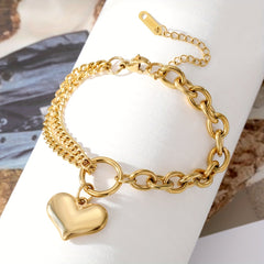 Heart Pendant Double Layers Chain Bracelet Stainless Steel Bangle