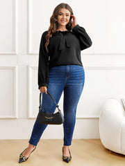 Solid Tie Front Lantern Sleeve Blouse