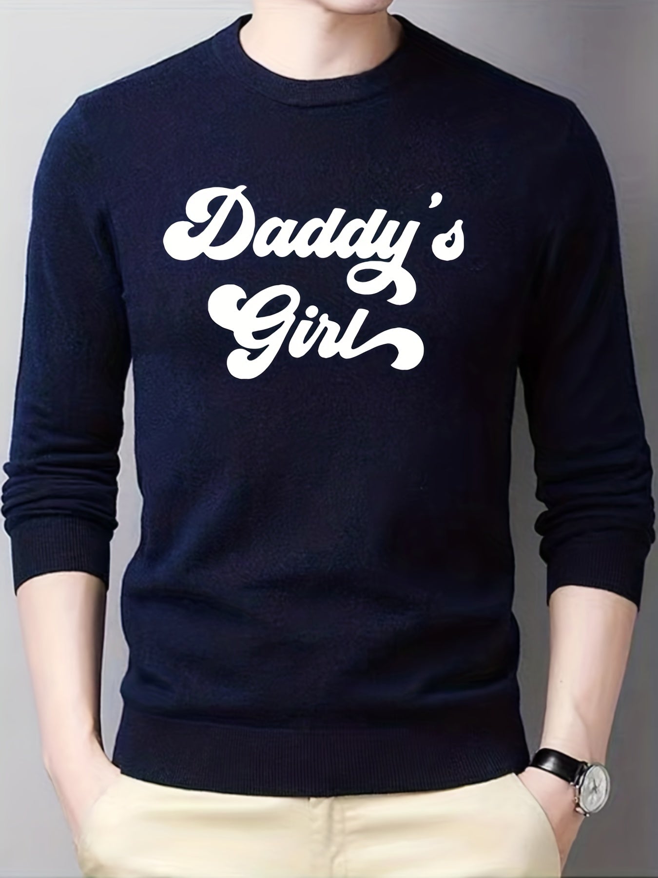 Daddy's Girl Print Knitted Sweater Men's Warm Crew Neck Pullover