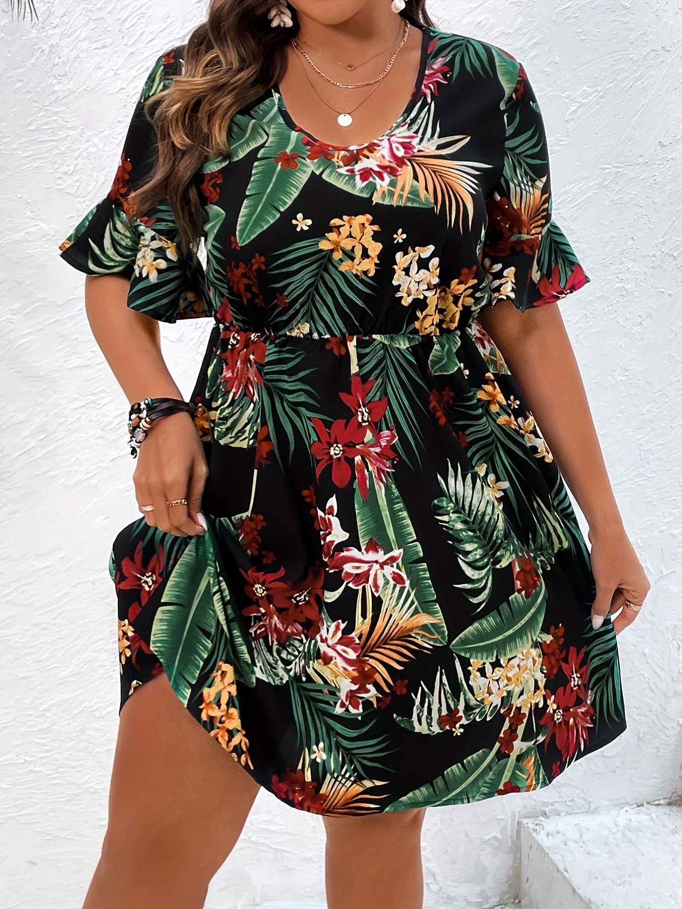  Tropical Print Bell Sleeve Dress
