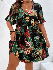  Tropical Print Bell Sleeve Dress