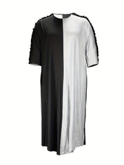  Colorblock Fringe Trim Maxi Dress