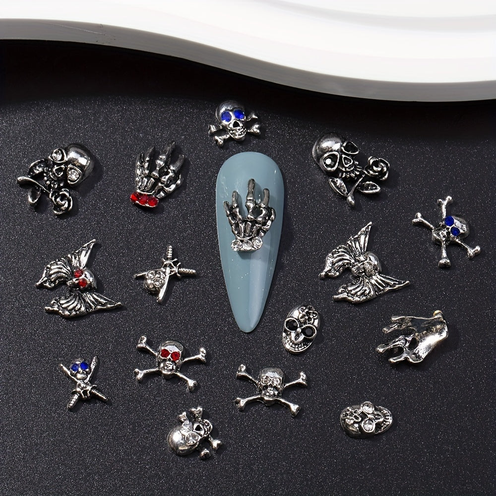 10pcs Halloween Skeleton Rhinestone Nail Charms Set