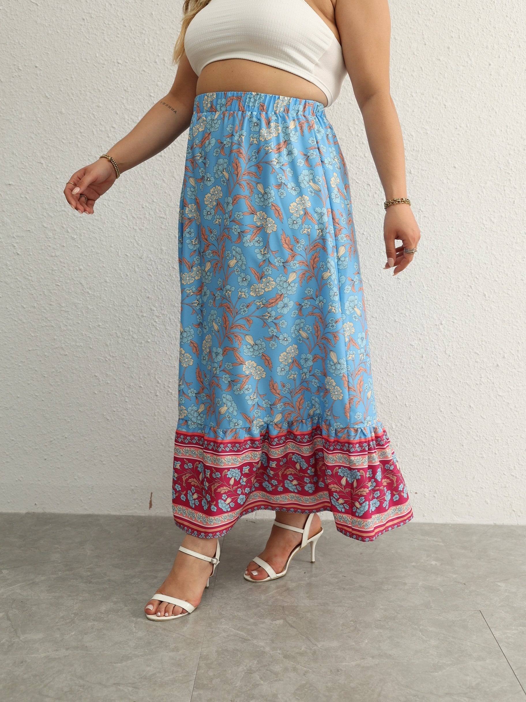  Boho Skirt Floral Print Ruffle Trim Maxi Skirt