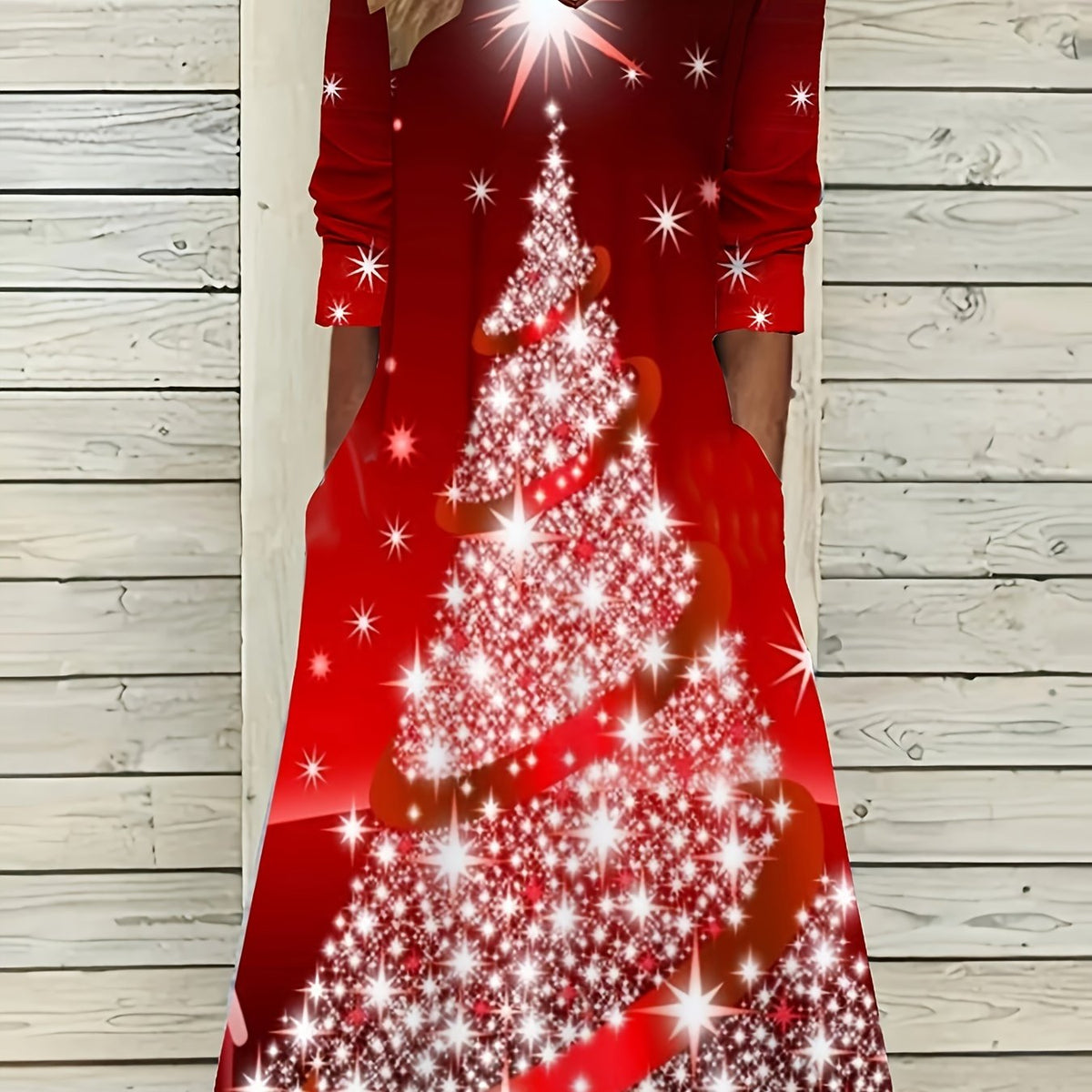  Tree Print Long Sleeve Dress