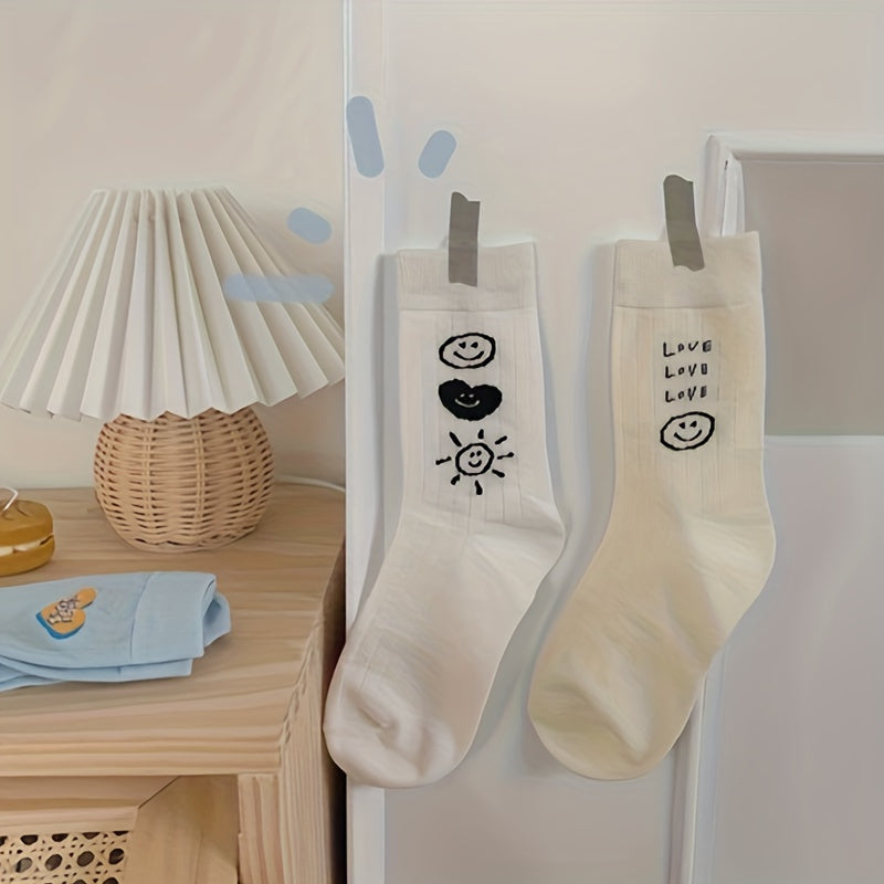3 Pairs Letter & Smiling Print Socks College Style Women's Stockings