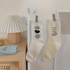3 Pairs Letter & Smiling Print Socks College Style Women's Stockings