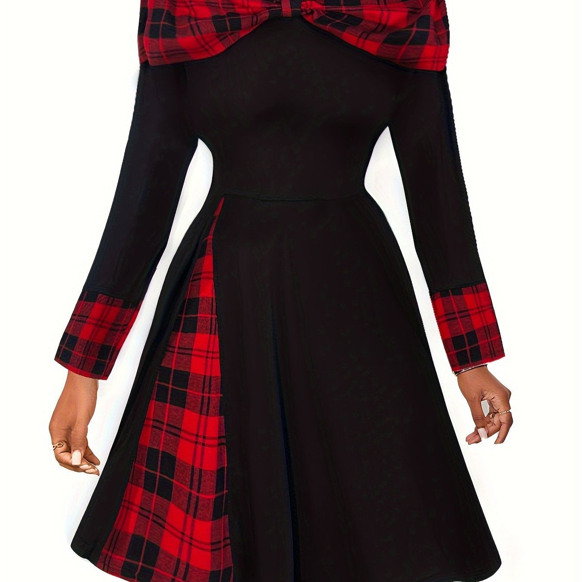  Colorblock Plaid Print Boat Neck Dress