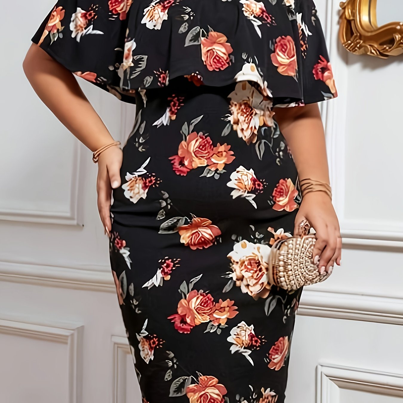  Floral Print Off Shoulder Midi Dress