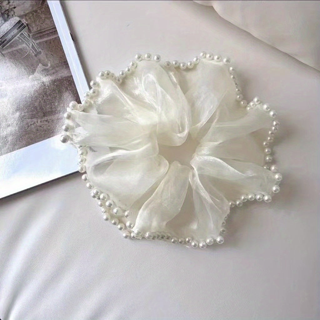 Large Organza Scrunchies Hair Tie with Faux Pearl Brim