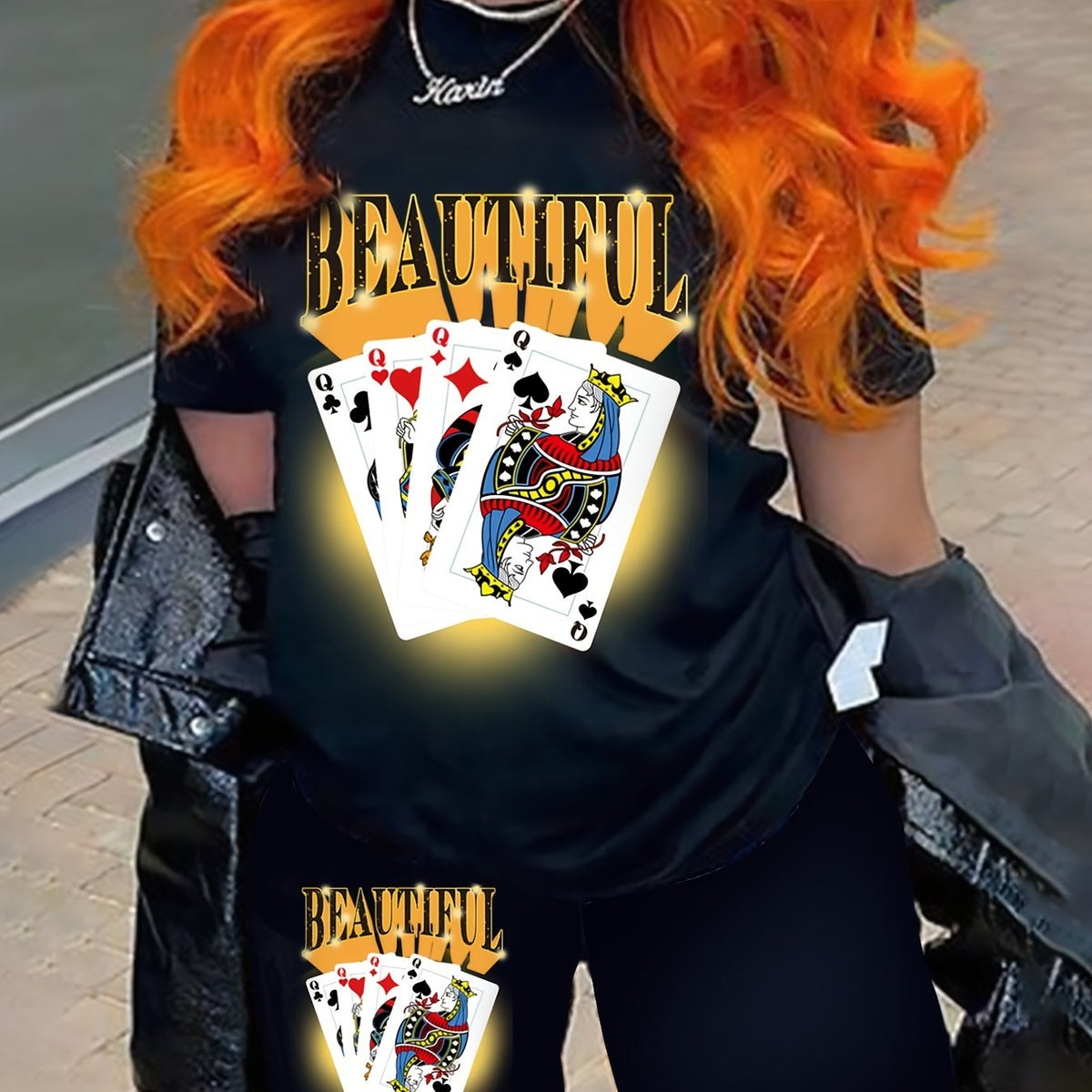  Poker & Letter Print Tee & Biker Shorts Set