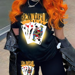  Poker & Letter Print Tee & Biker Shorts Set